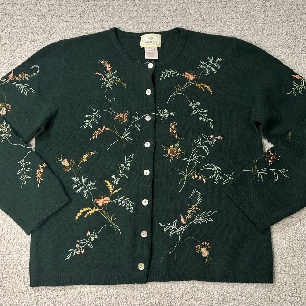 Susan Bristol 1998 Cardigan Embroidered Floral PM Green VTG Cottagecore Grandma